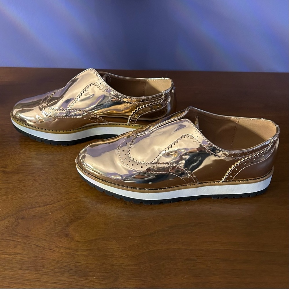 Qupid Women’s Newbie- 31 , Metallic Rose Gold Shiny Athletic Loafers-Size 6.5,